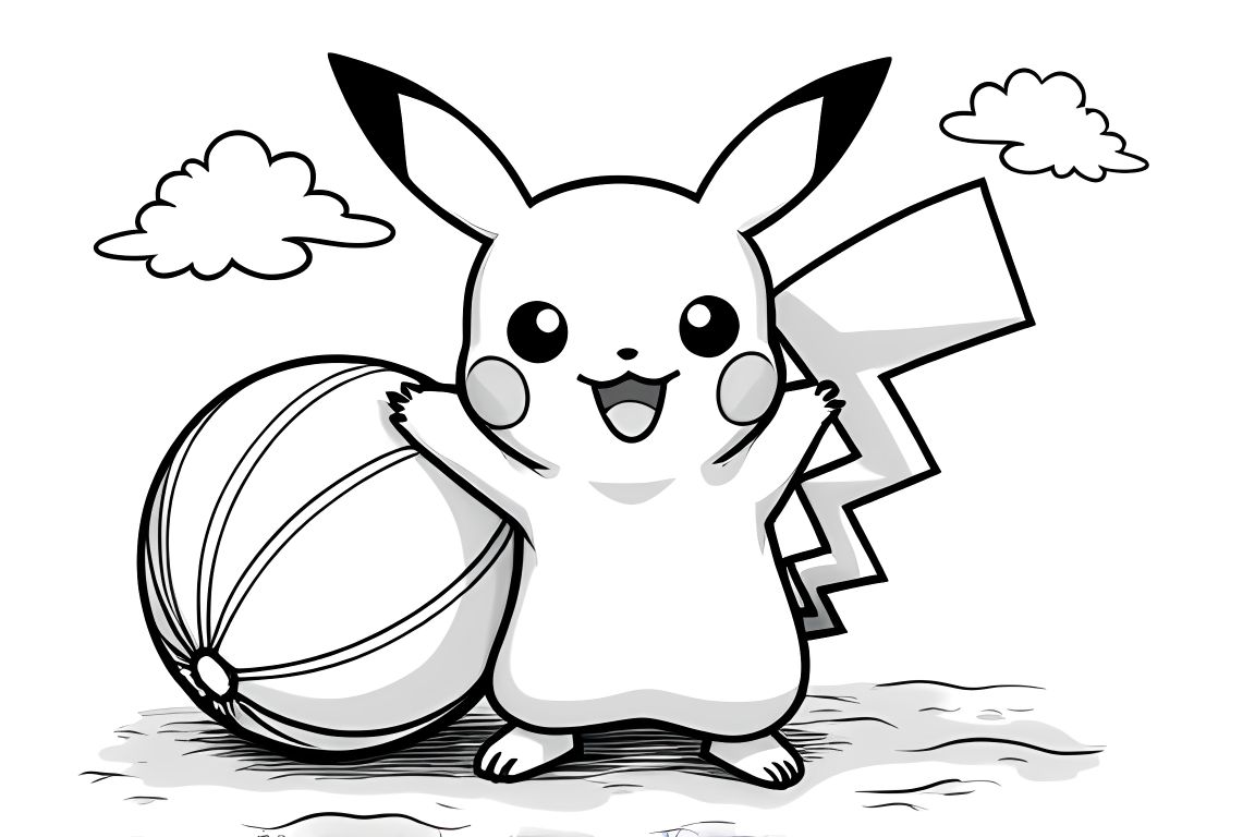 Easy coloring book page of Pikachu with beach ball for toddlers