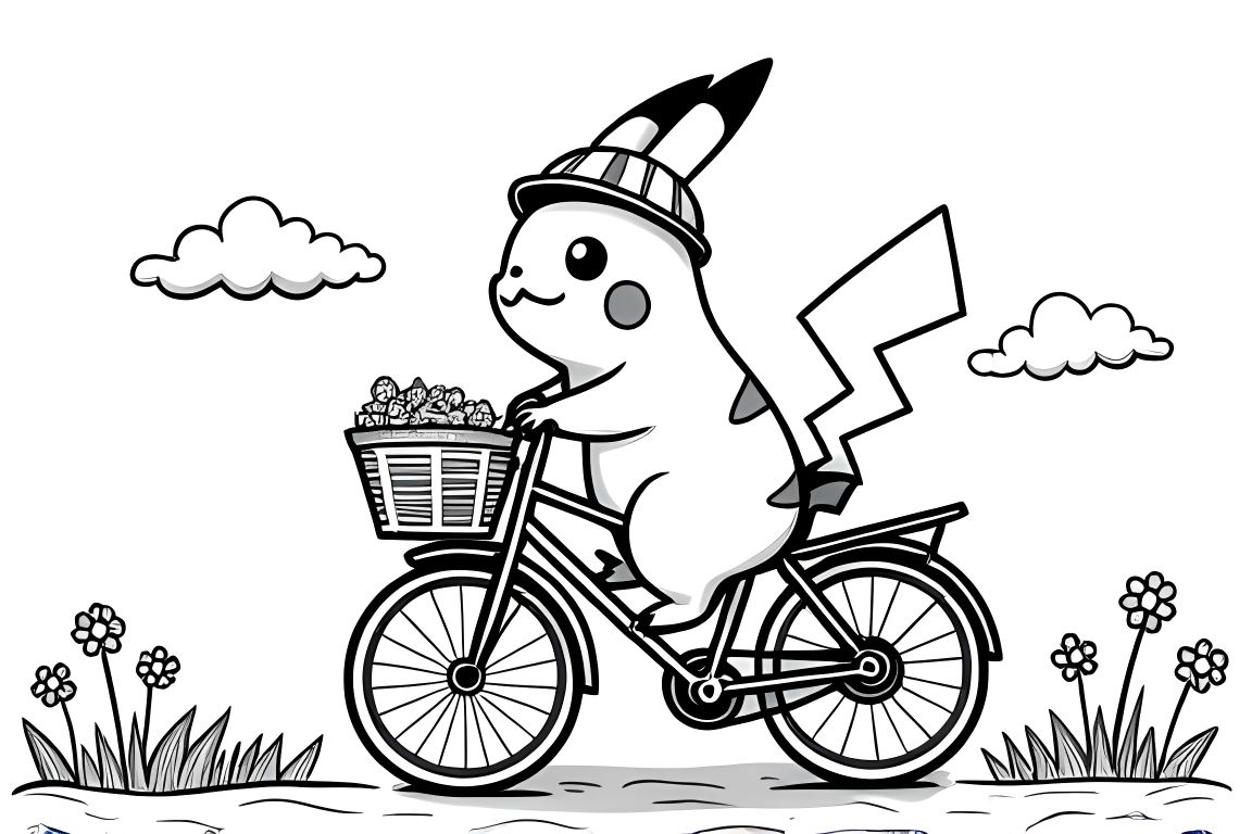 Children's coloring page showing Pikachu riding a bicycle