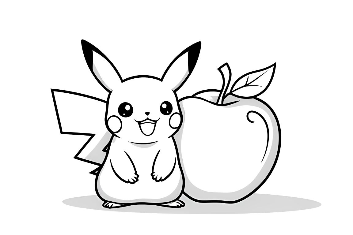 Easy toddler coloring page featuring Pikachu with a big apple, perfect for beginners