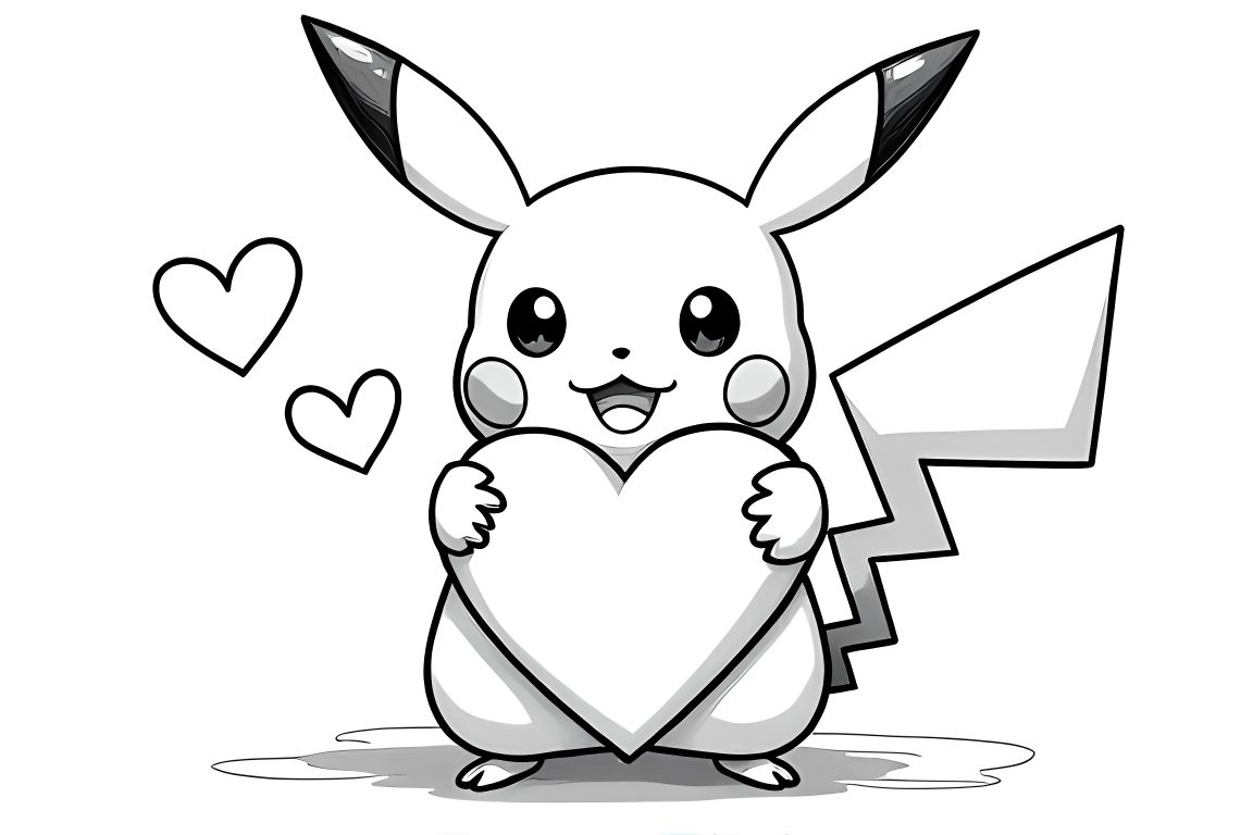 Simple children's coloring page of Pikachu with hearts for toddlers