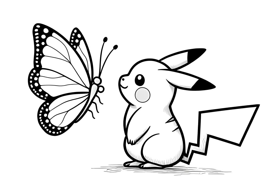 Simple coloring page of Pikachu with butterfly for toddlers