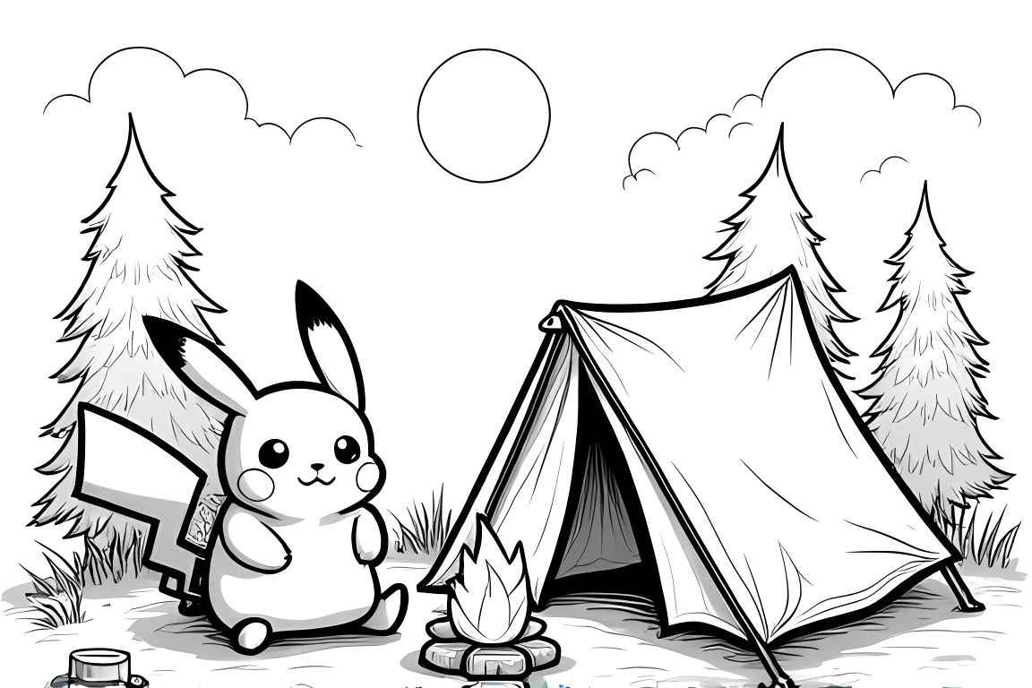 Children's coloring illustration of Pikachu camping outdoors