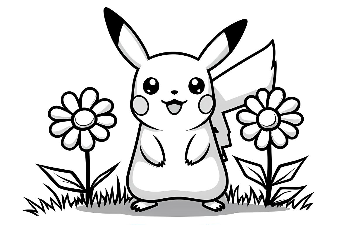 Simple coloring book page with Pikachu and basic flowers for toddlers