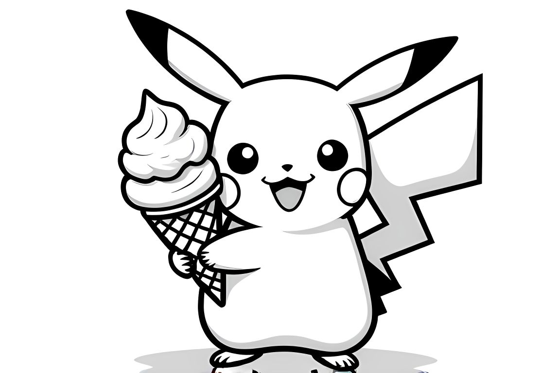 Simple coloring page of Pikachu with ice cream cone for toddlers
