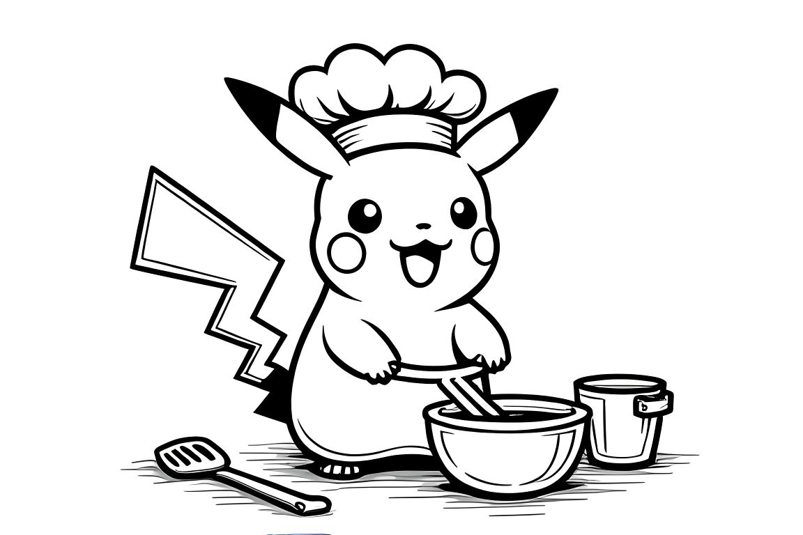 Children's coloring page of Pikachu cooking in the kitchen