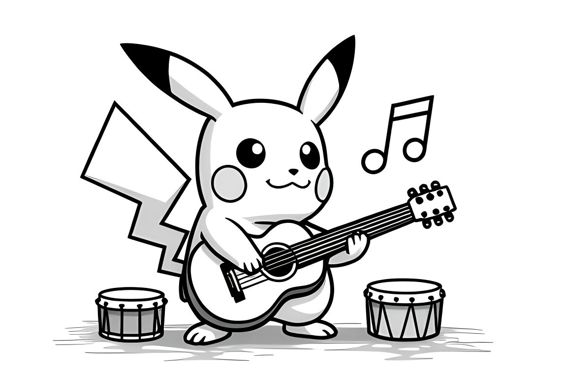 Children's coloring illustration of Pikachu playing musical instruments