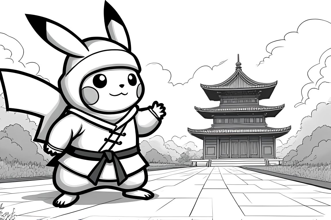 Advanced coloring illustration of Pikachu as a ninja