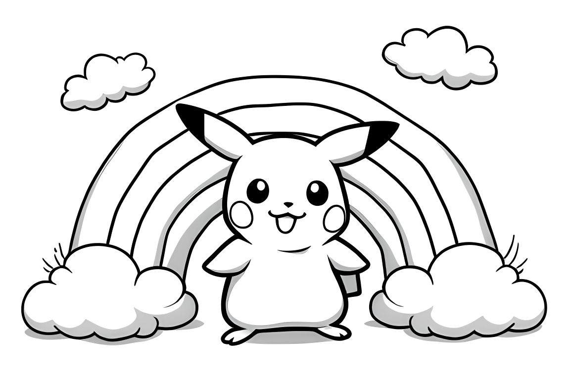 Easy coloring book page of Pikachu with rainbow for toddlers