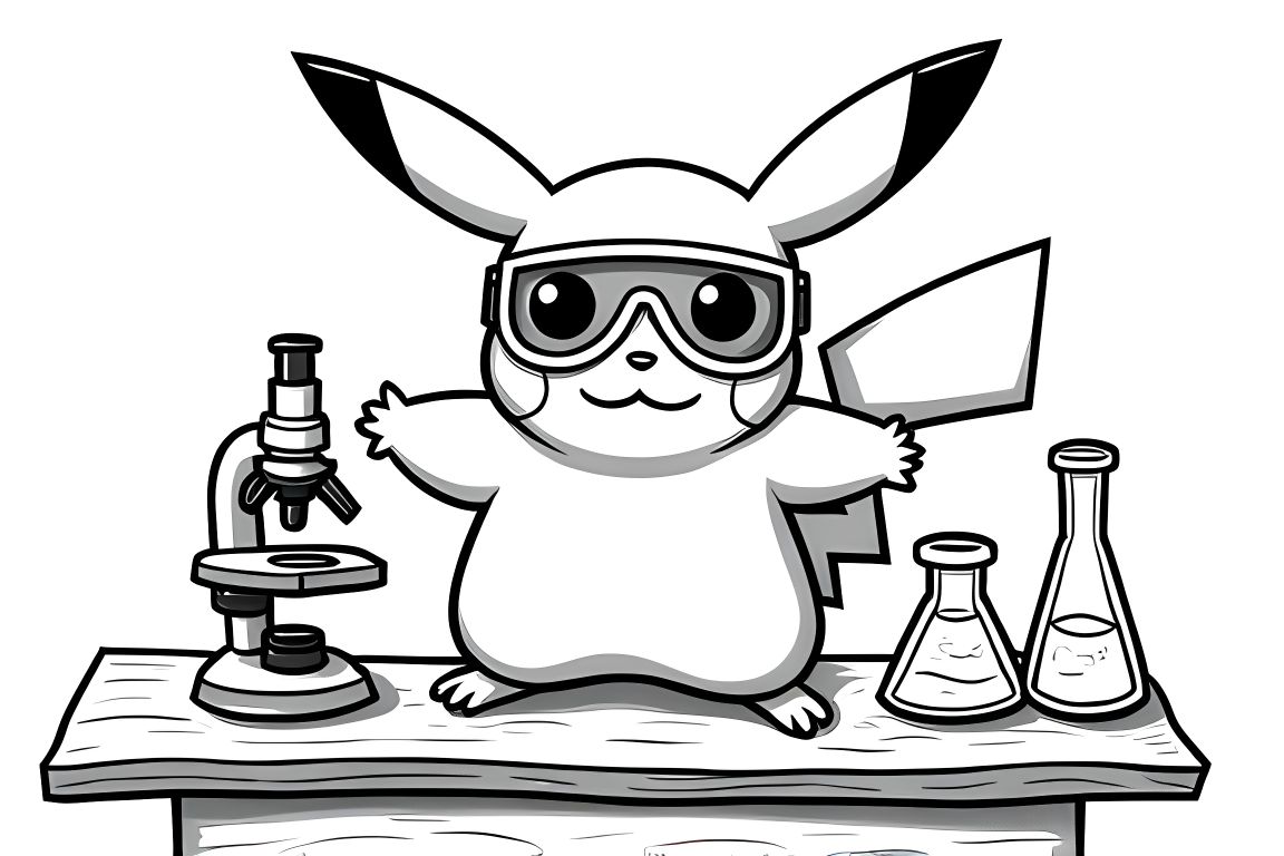 Children's coloring illustration of Pikachu in a science laboratory