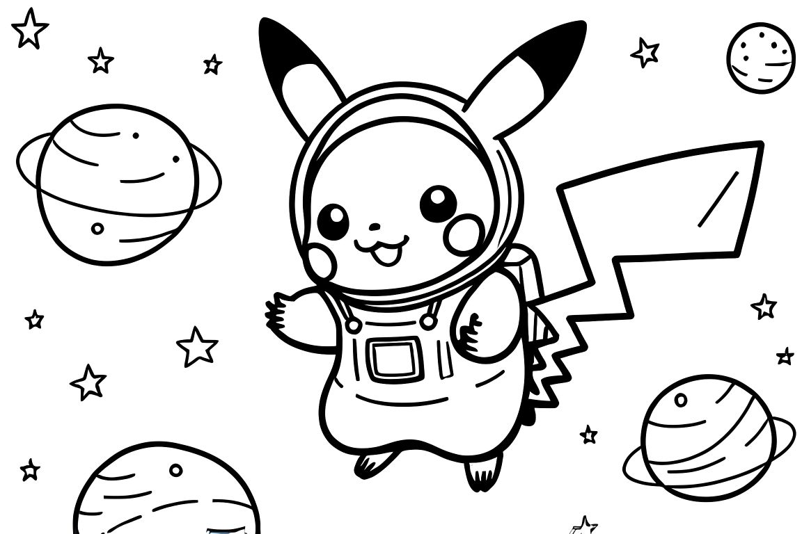 Children's coloring page of Pikachu exploring space
