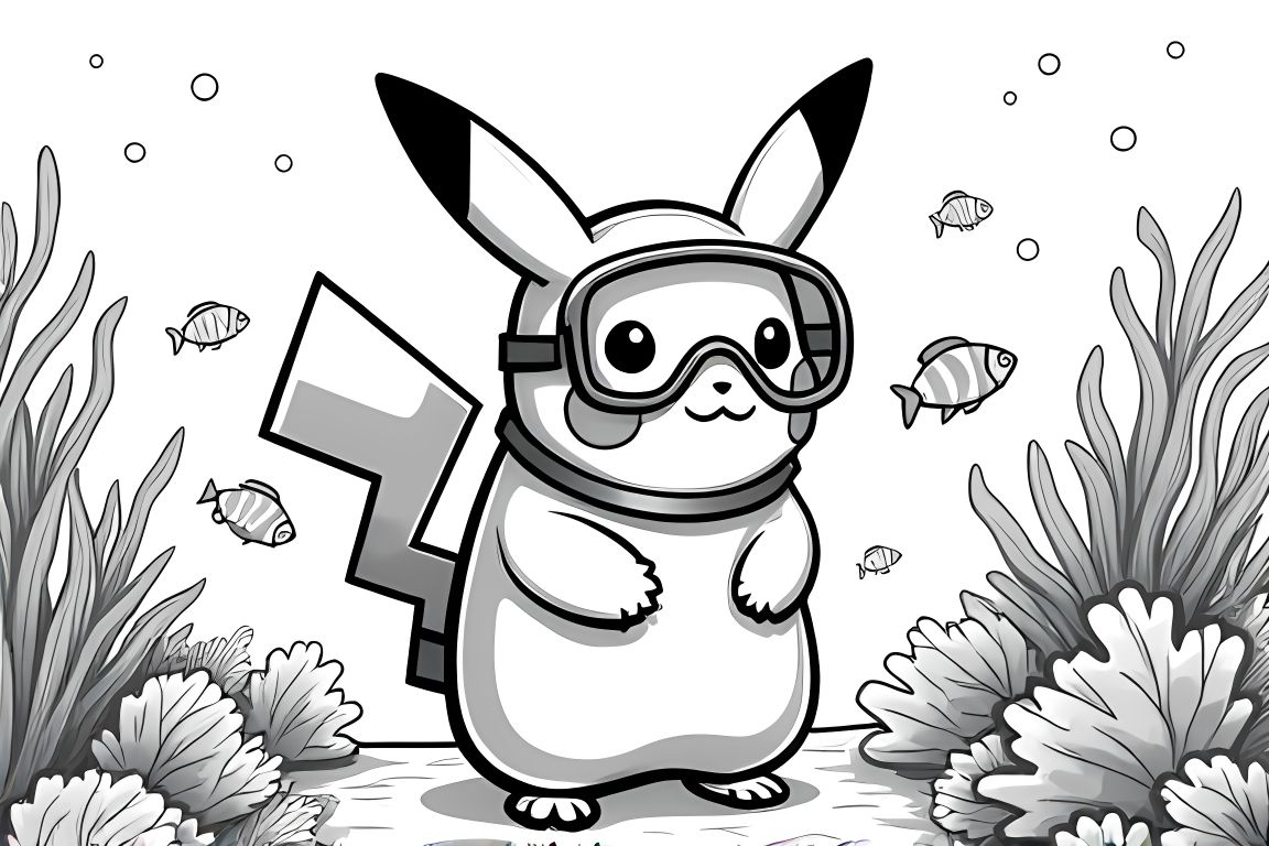 Advanced coloring illustration of Pikachu underwater diving