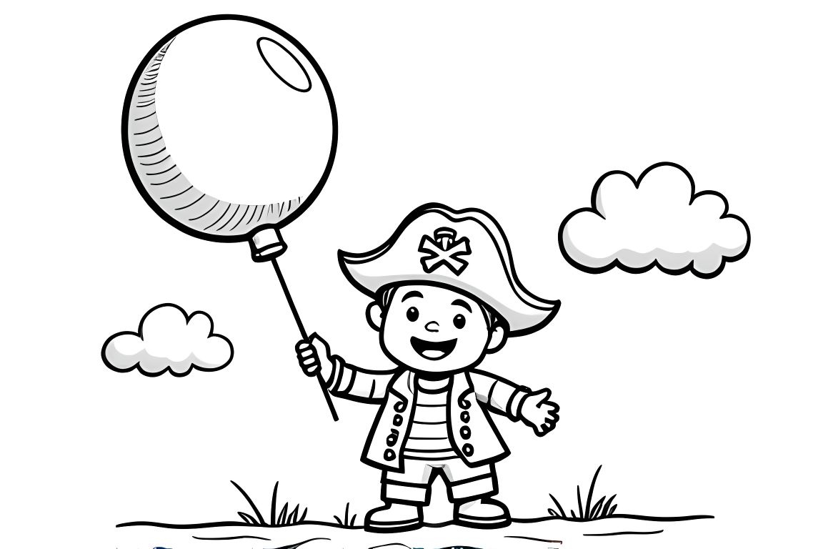 Simple children's coloring book page with a happy pirate holding a big balloon for toddlers