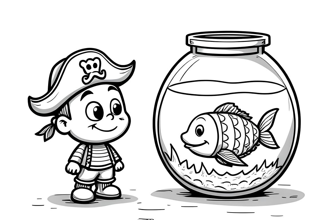 Easy children's coloring book illustration of a friendly pirate with a pet fish in a bowl