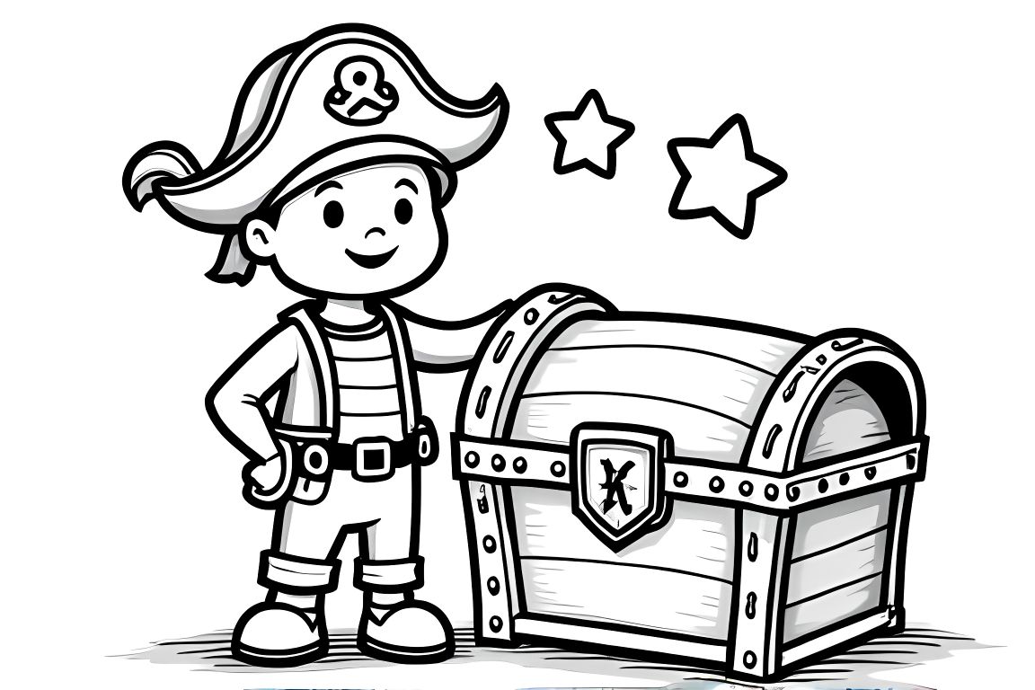 Simple children's coloring page with a happy pirate and treasure chest design for toddlers