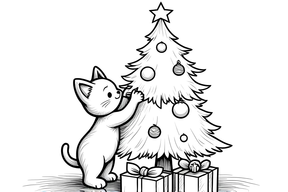 Children's coloring book page featuring a kitten decorating a Christmas tree