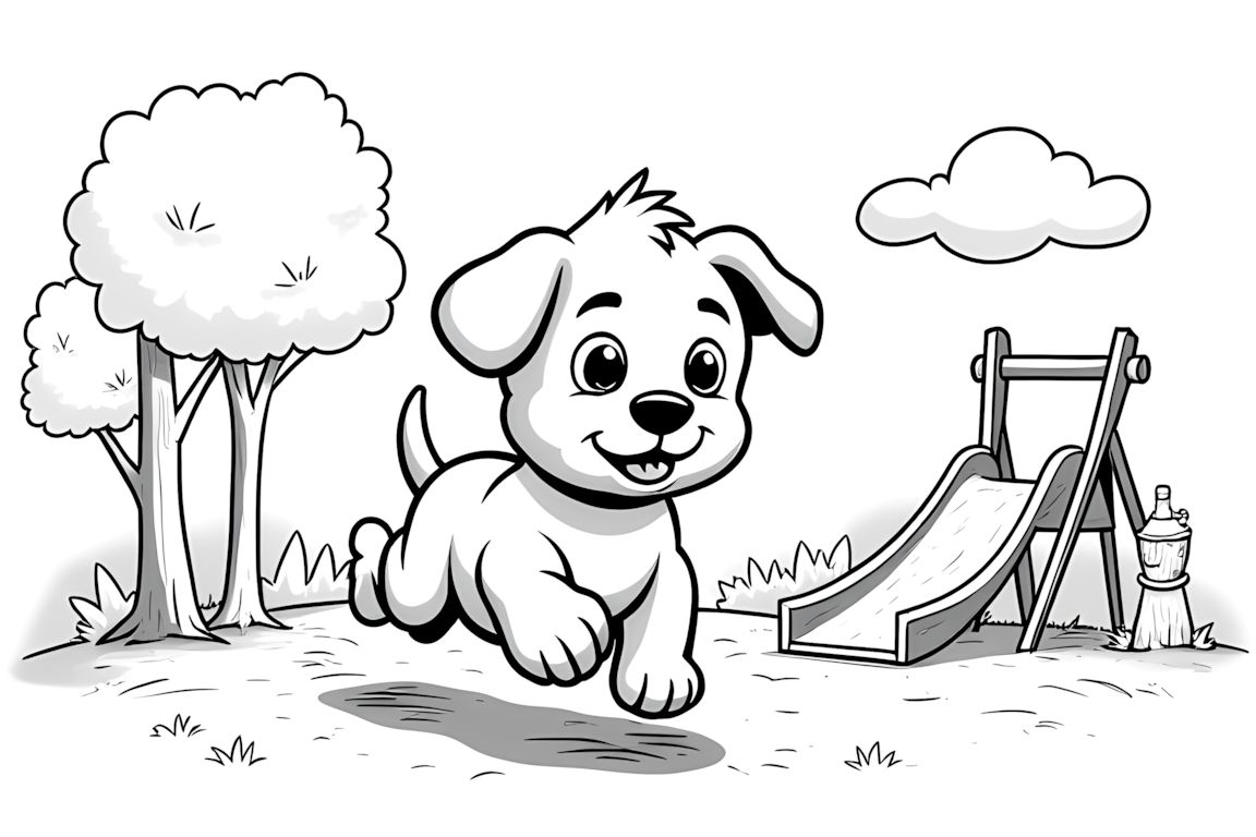 Coloring book illustration of an excited puppy playing in a park playground with slides and swings