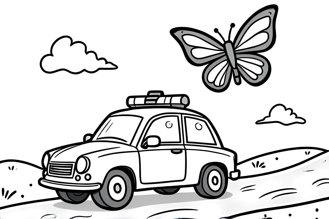 Simple children's coloring book illustration of a police car and butterfly with clouds, designed for toddlers
