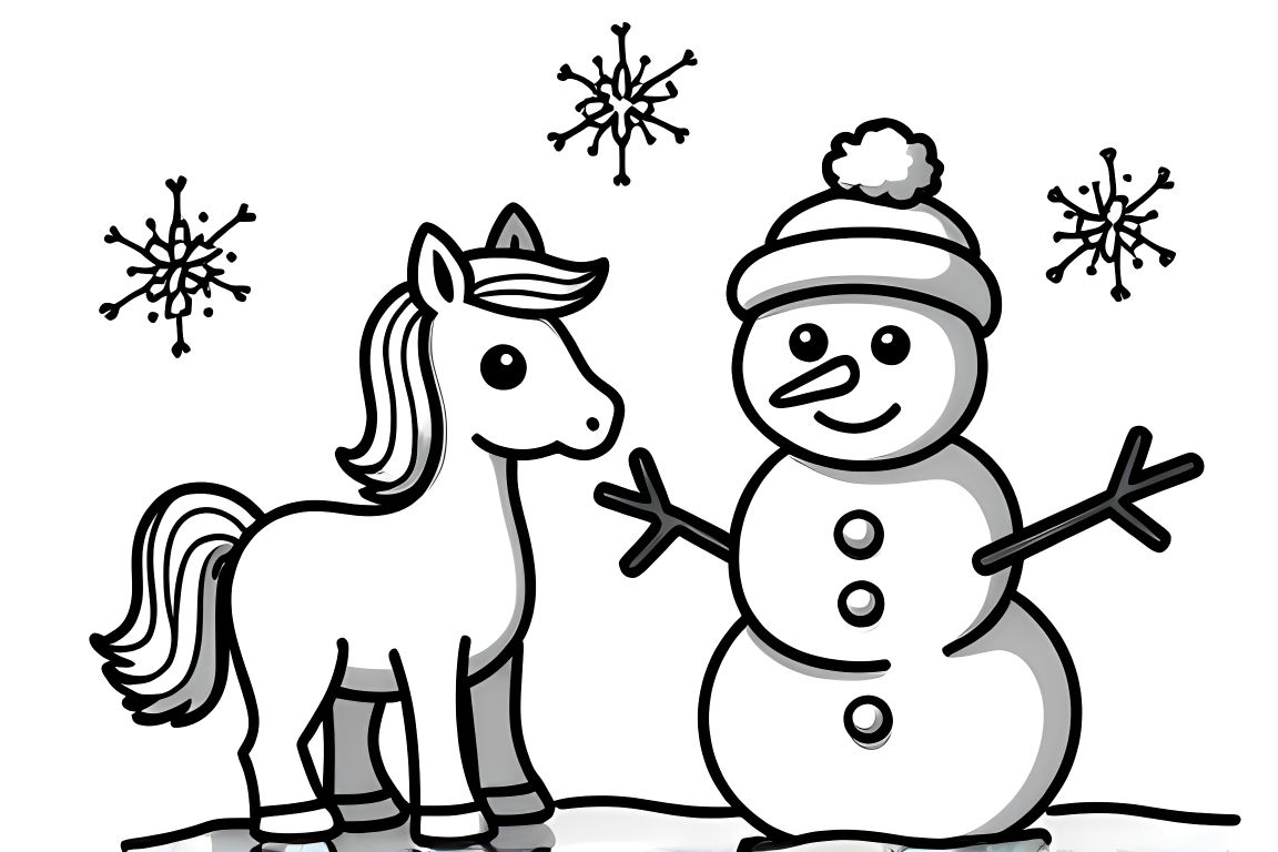 Simple children's coloring page featuring a happy pony next to a snowman, ideal for toddlers