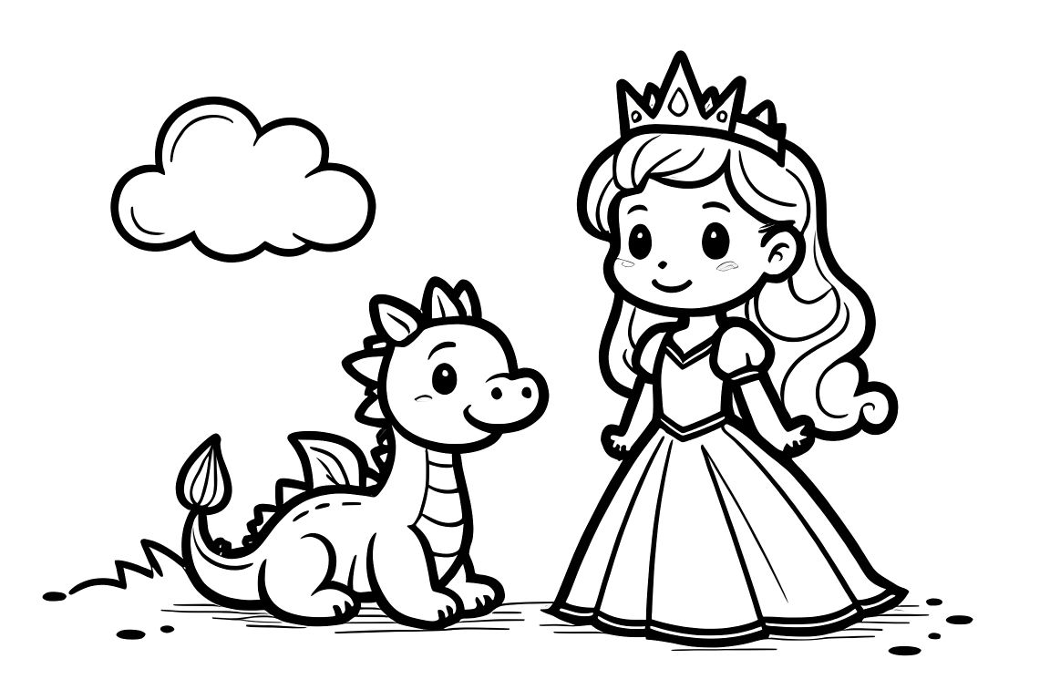 Simple children's coloring book illustration of a friendly princess with a cute baby dragon