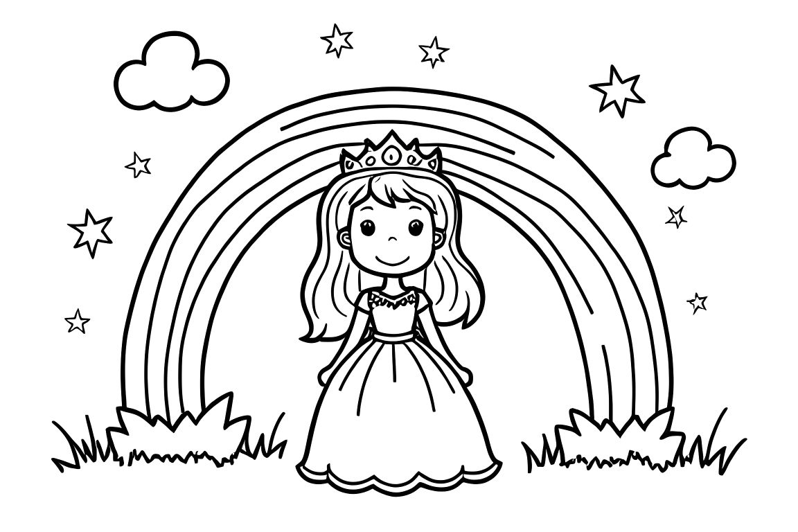Simple children's coloring book page of a princess standing under a rainbow with clouds and stars