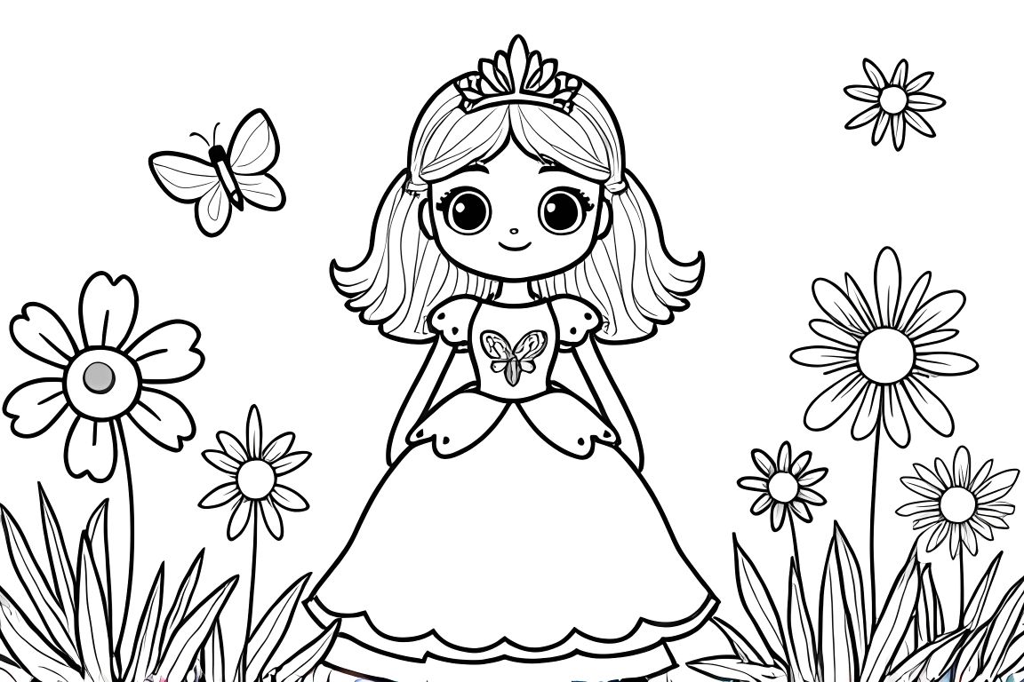Simple children's coloring page showing a happy princess in a garden with flowers and butterflies