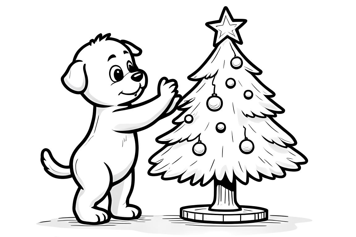 Children's coloring book page of a puppy decorating a Christmas tree with ornaments