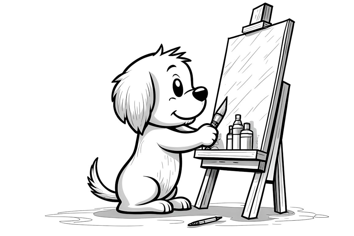 Coloring book illustration of an artistic puppy painting at an easel with art supplies