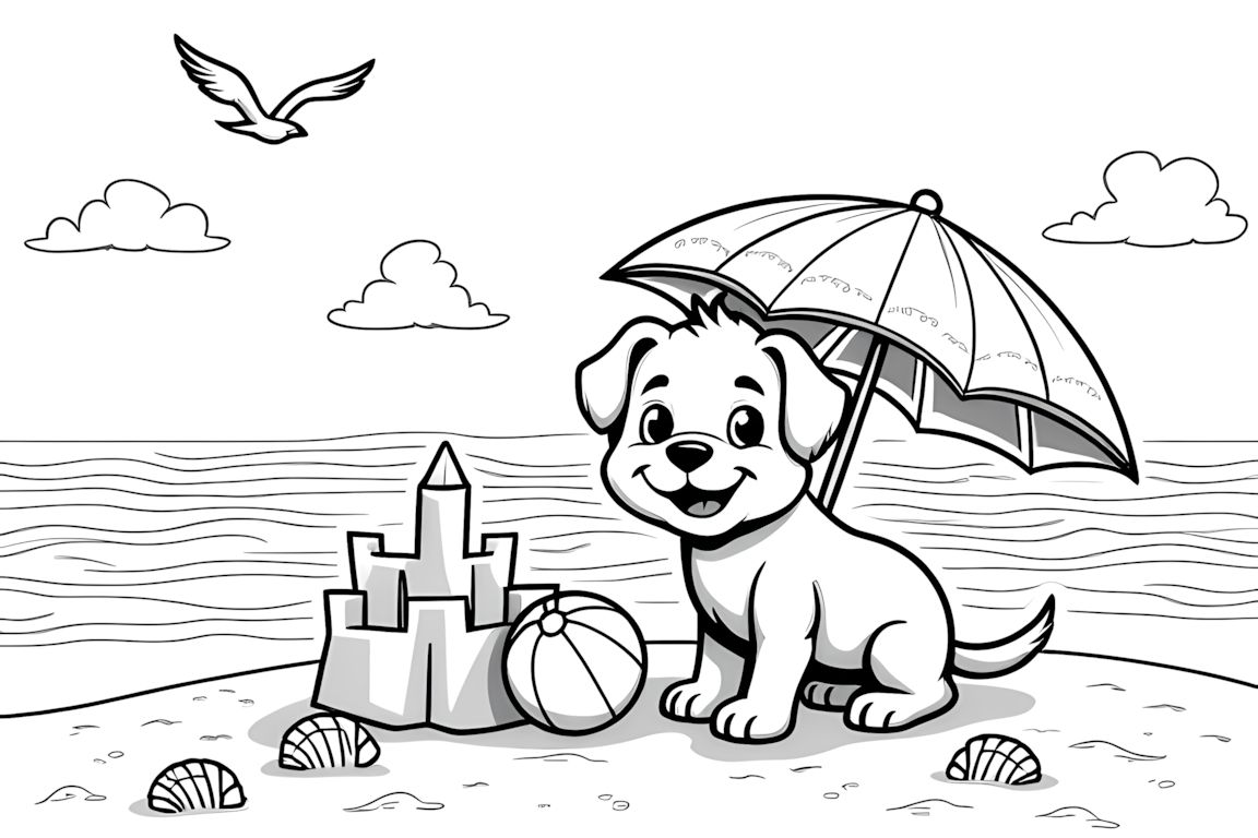 Coloring book illustration of a cheerful puppy playing at the beach with a sand castle and beach ball