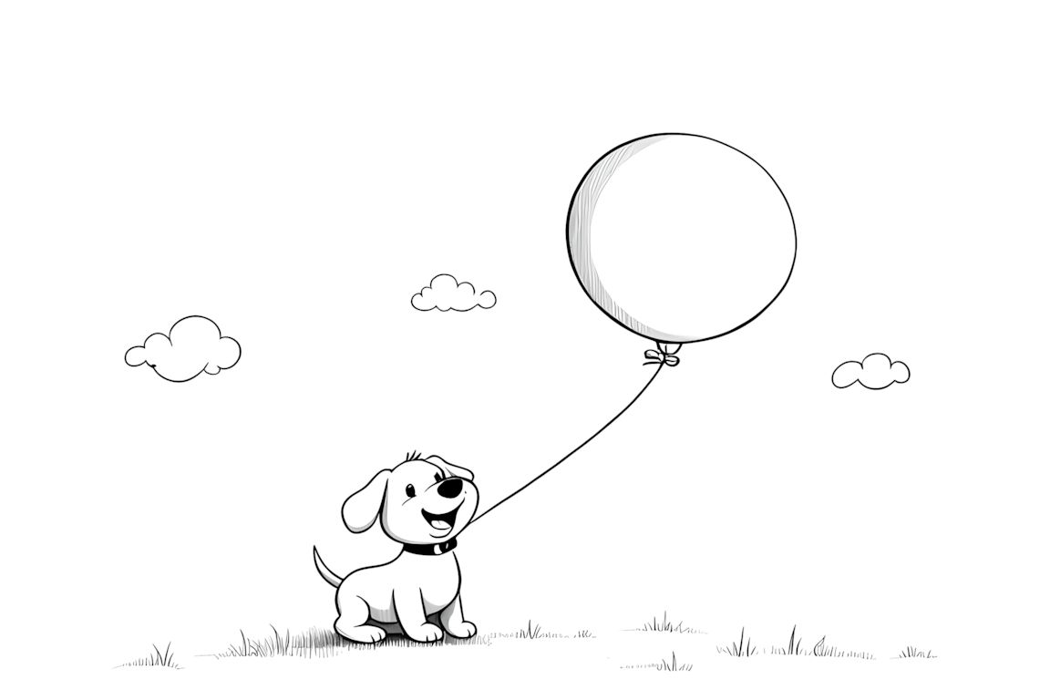 Simple coloring book illustration of a happy puppy holding a balloon, perfect for toddlers