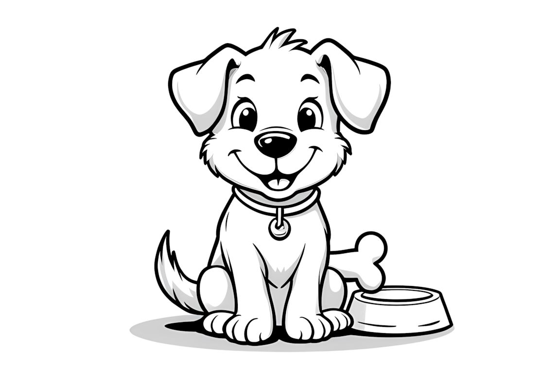 Simple coloring book illustration of a happy puppy with a big bone, perfect for toddlers