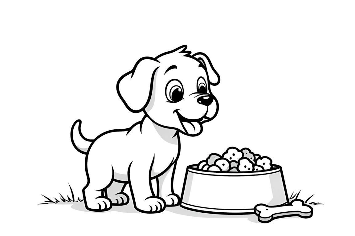 Simple coloring book illustration of a puppy with a big food bowl, perfect for toddlers