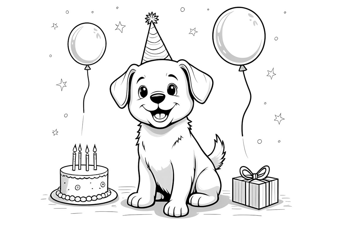 Coloring book illustration of a happy puppy at a birthday party with cake and presents