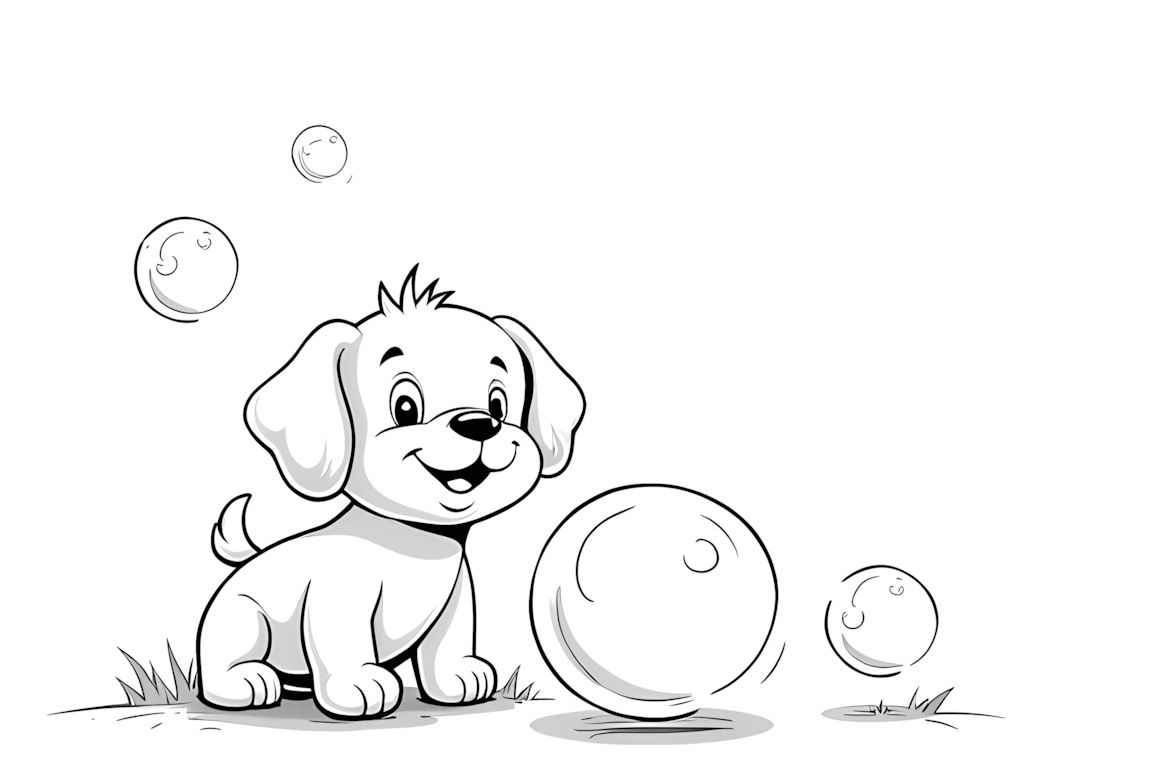 Simple coloring book page of a puppy playing with bubbles, designed for toddlers