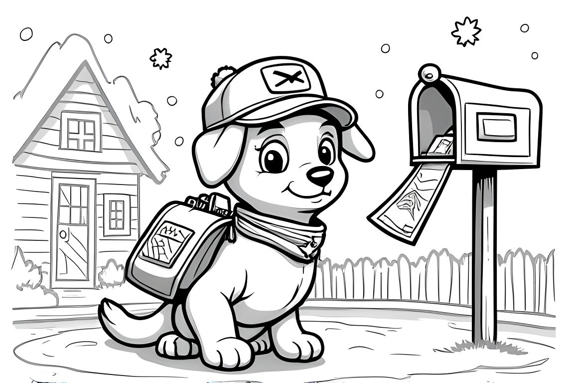 Detailed children's coloring illustration of a puppy delivering Christmas mail and packages