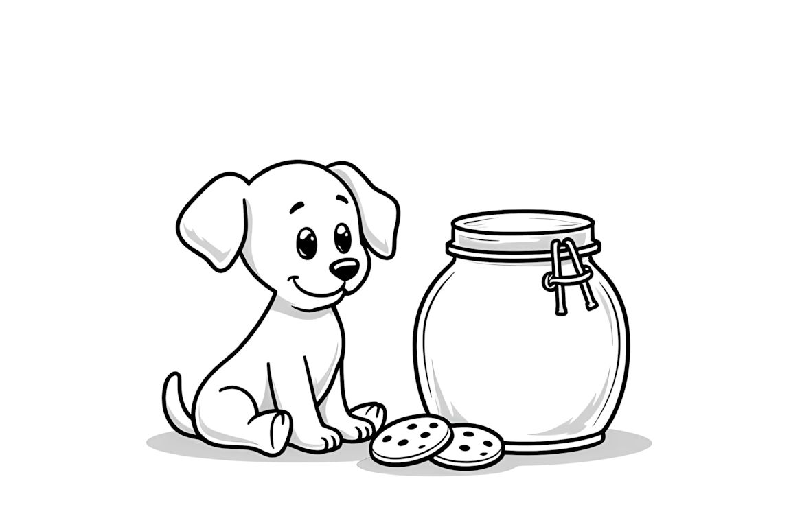 Simple coloring book page of a cute puppy next to a cookie jar, designed for toddlers