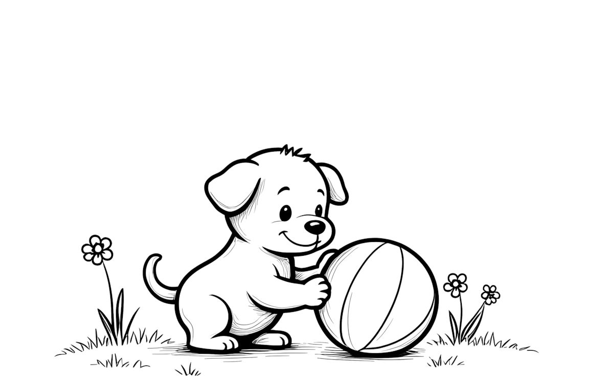 Simple children's coloring book illustration of a happy puppy playing with a ball, perfect for toddlers