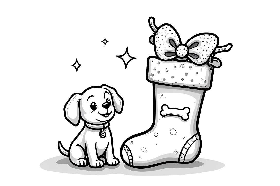 Simple children's coloring page of a cute puppy with a Christmas stocking, perfect for toddlers