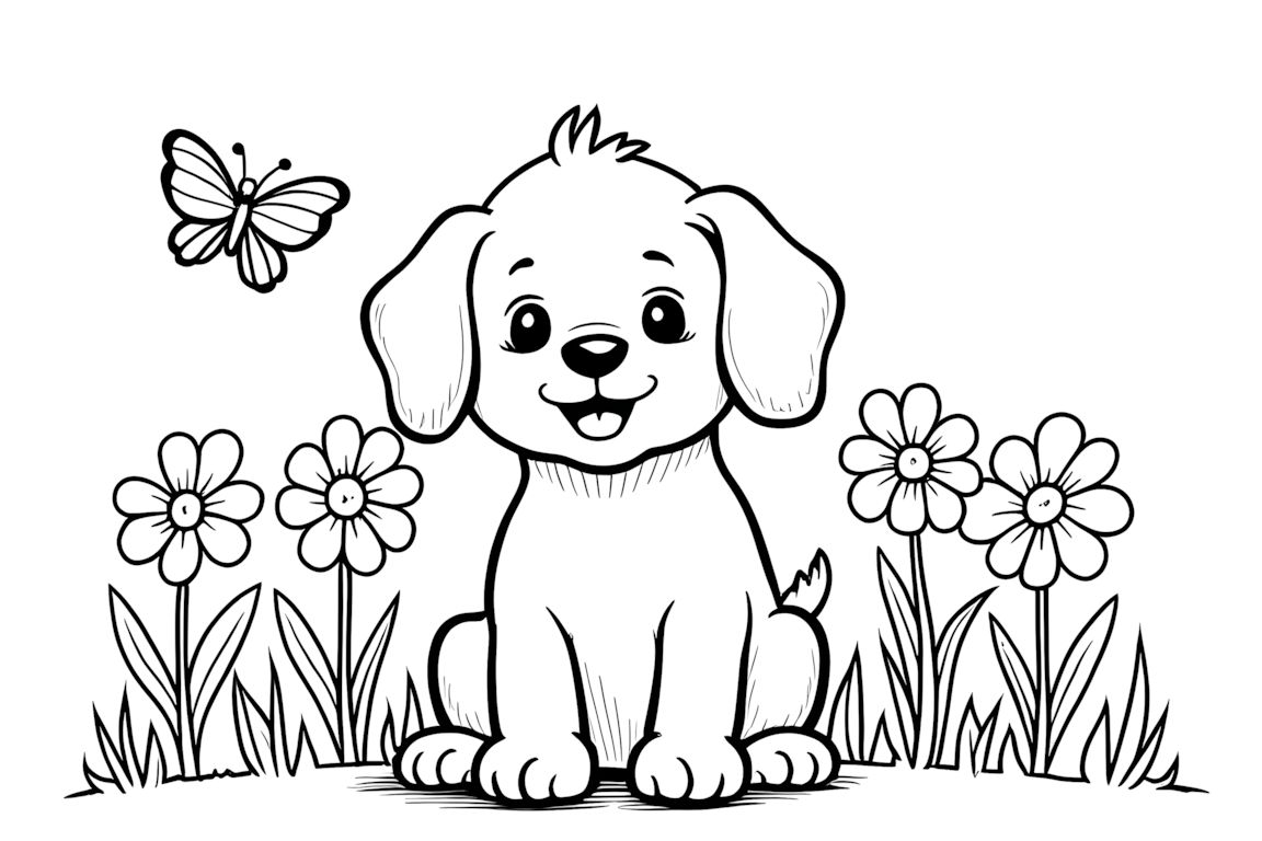 Simple coloring book illustration of a puppy in a garden with basic flowers, perfect for toddlers
