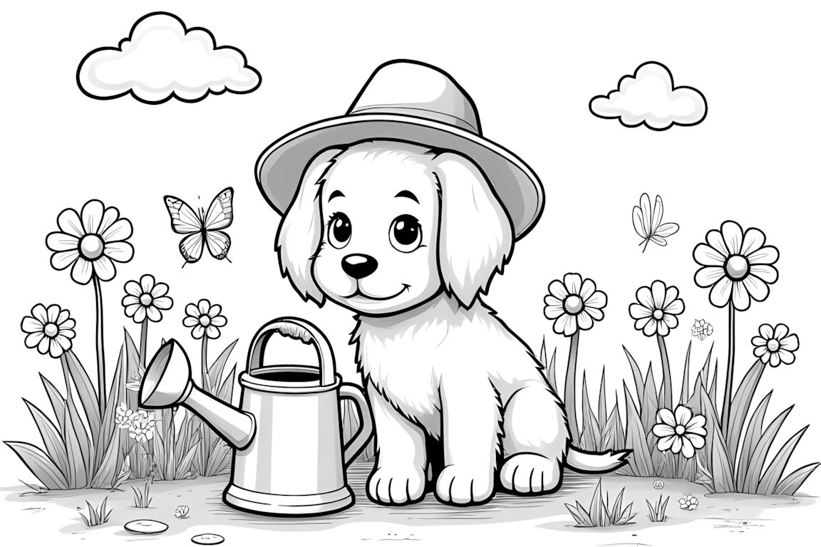 Coloring book illustration of a helpful puppy watering flowers in a garden