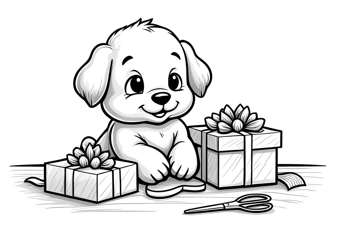 Children's coloring page of a puppy wrapping Christmas presents at a workshop table
