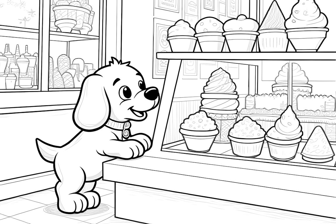 Coloring book illustration of a happy puppy at an ice cream shop counter