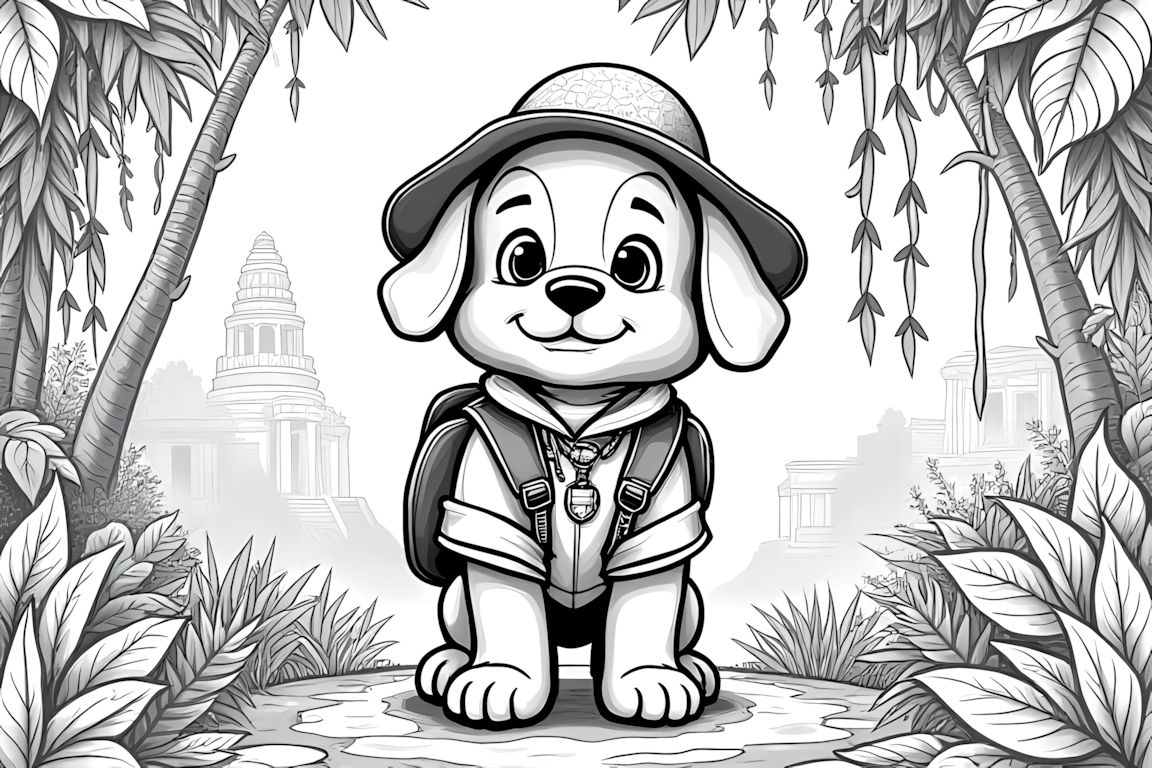Detailed coloring book illustration of a puppy explorer discovering ancient ruins in the jungle
