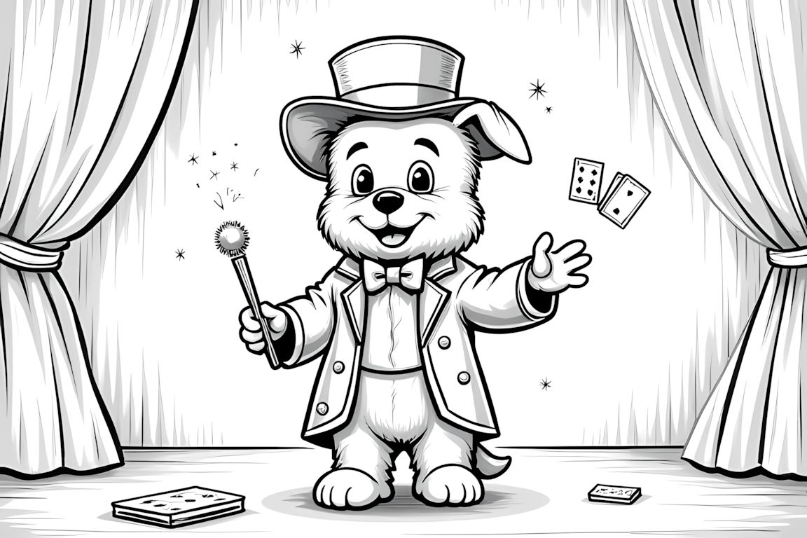 Detailed coloring book illustration of a puppy magician performing amazing tricks on stage