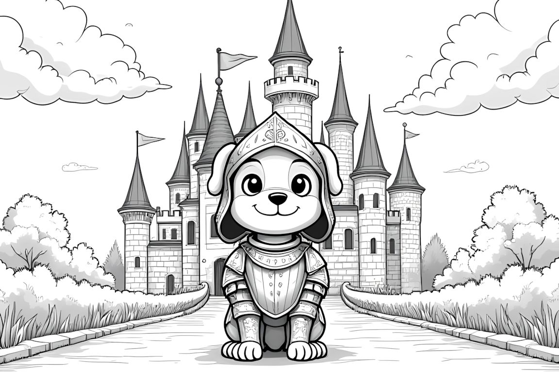 Detailed coloring book illustration of a puppy knight in armor at a medieval castle