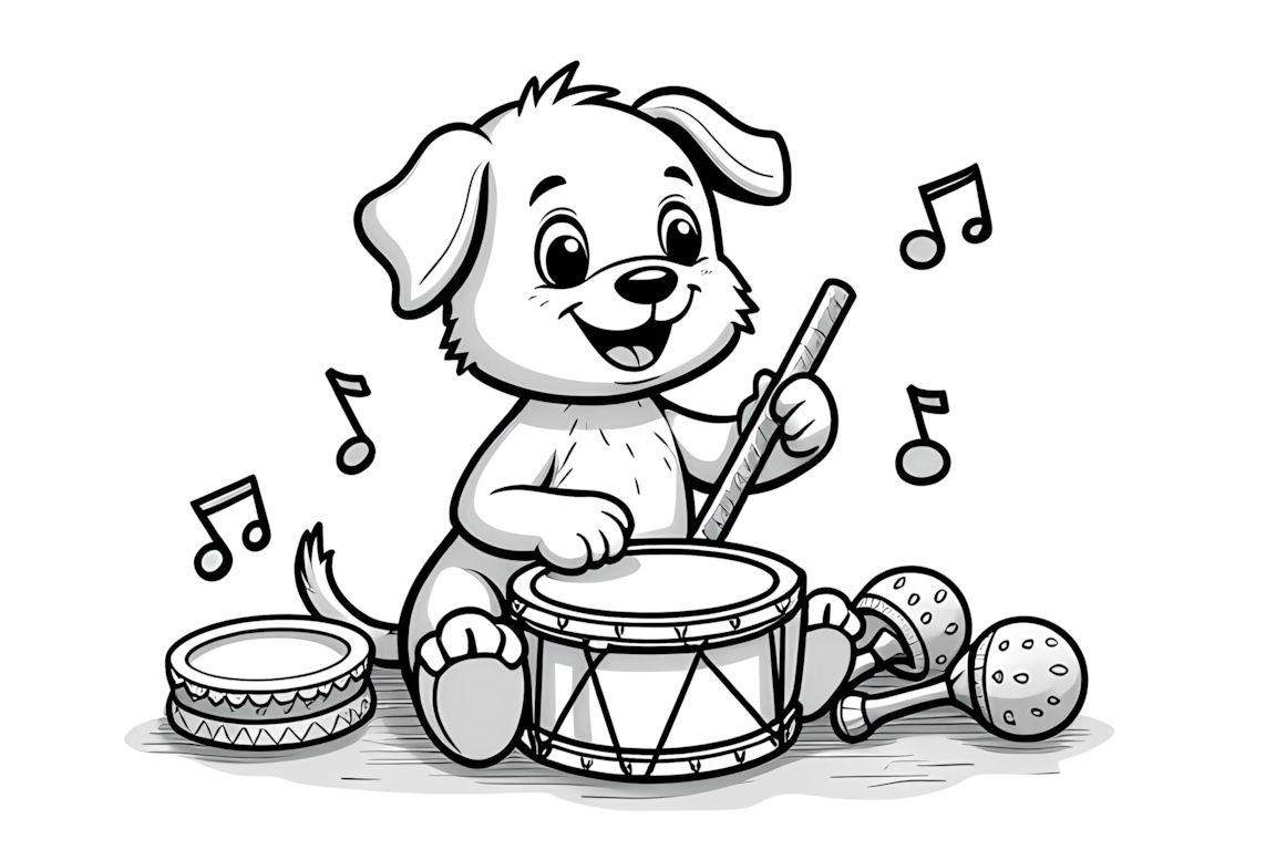 Coloring book illustration of a musical puppy playing instruments with music notes
