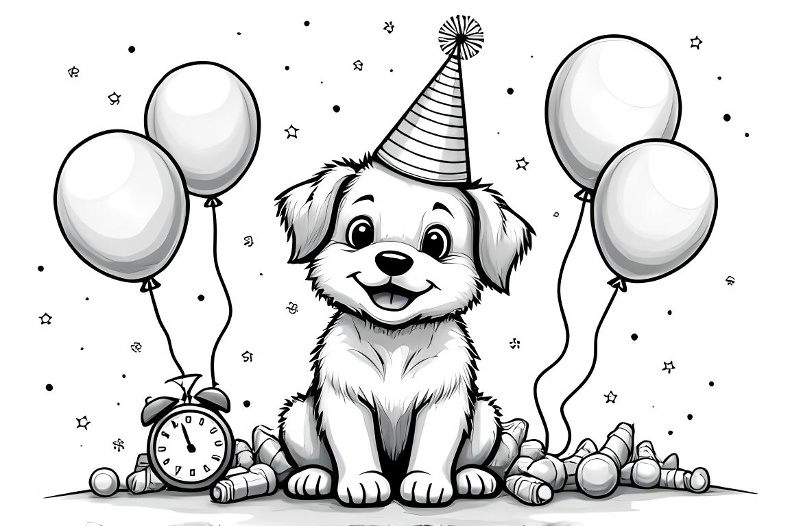 Detailed children's coloring page of a puppy celebrating New Year's Eve with party decorations