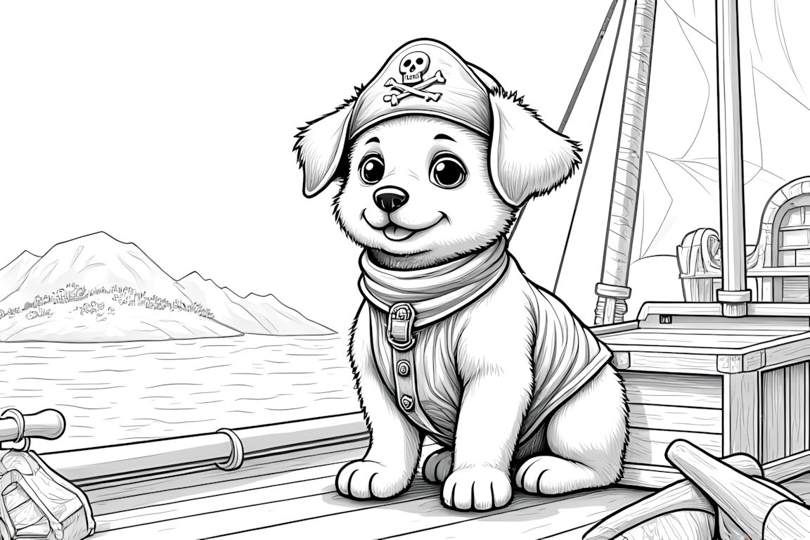 Detailed coloring book illustration of a puppy pirate on a ship with treasure hunting elements