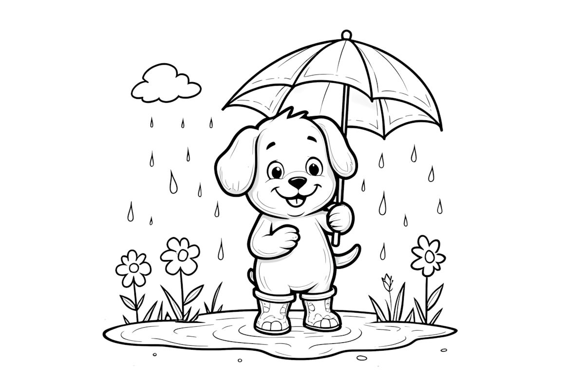 Coloring book illustration of a puppy playing in the rain with boots and umbrella