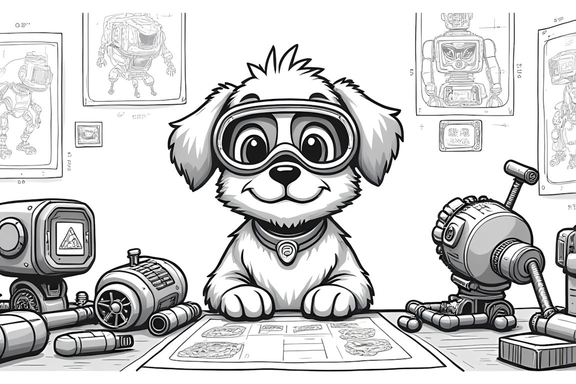 Detailed coloring book illustration of a puppy inventor creating robots in a workshop