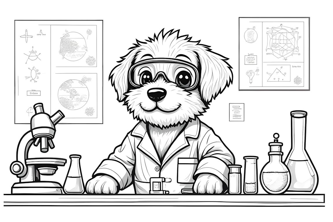 Detailed coloring book illustration of a puppy scientist conducting experiments in a laboratory